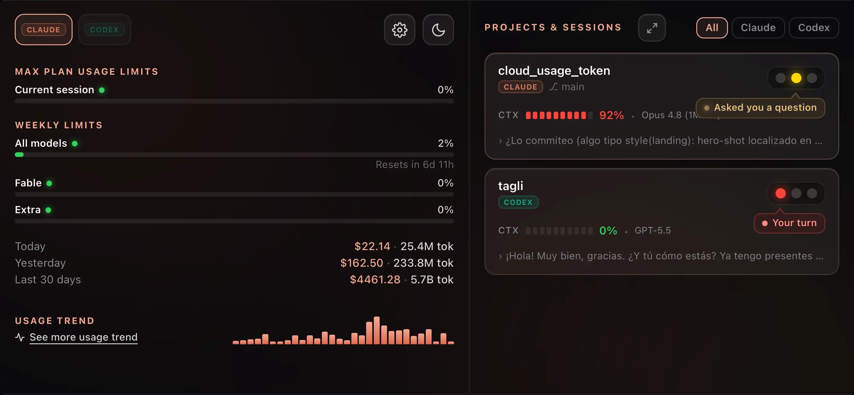 Dark CloudUsage panel showing usage limits, costs, live agent providers, and sessions that need attention.